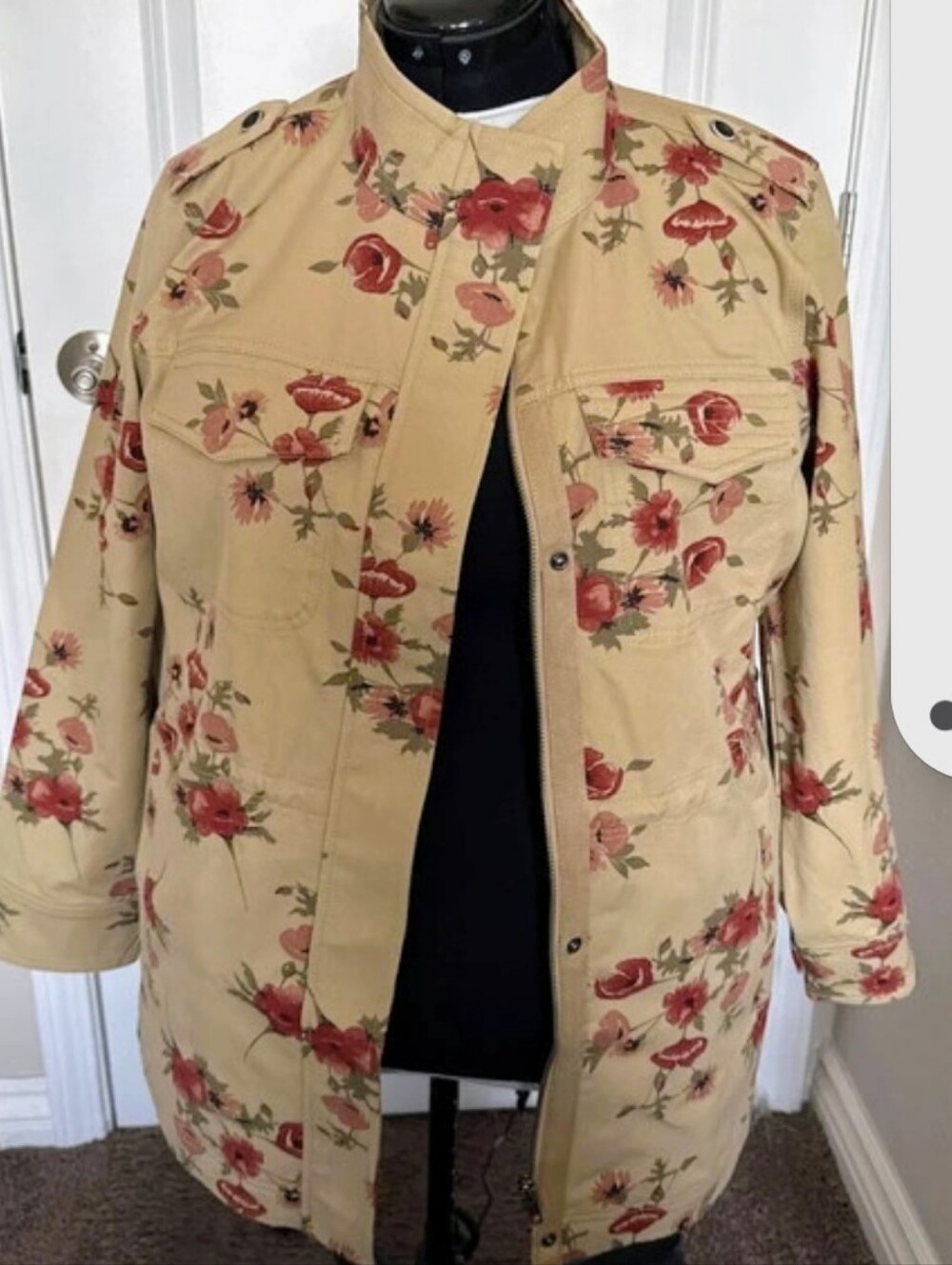 Universal Standard Beige Utility Jacket with Red Floral Print